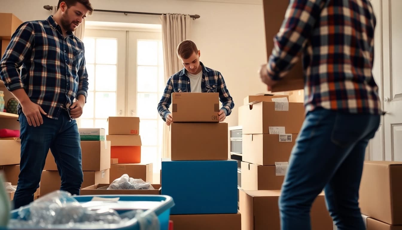Engaging scene of professional packing services with organized packing materials and teamwork.