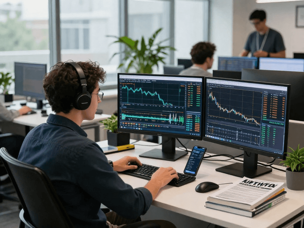 使用 MetaTrader 5 进行多资产交易的专业金融交易环境，展示交易者专注于屏幕上的复杂图表和实时市场数据。