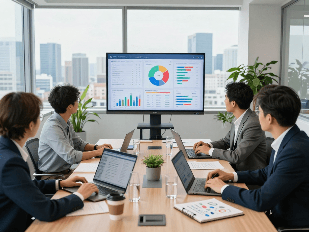 Diverse professionals collaborating in a corporate office meeting on strategic growth with net 88 insights.