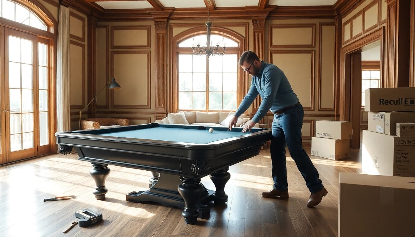 Skilled pool table mover disassembling a slate pool table carefully in a well-lit living room space.