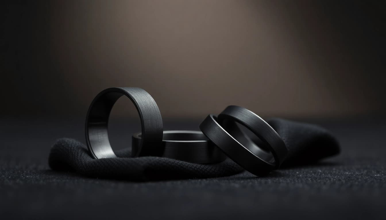 Showcase unique Black Zirconium Rings highlighting their sleek designs and matte finish.