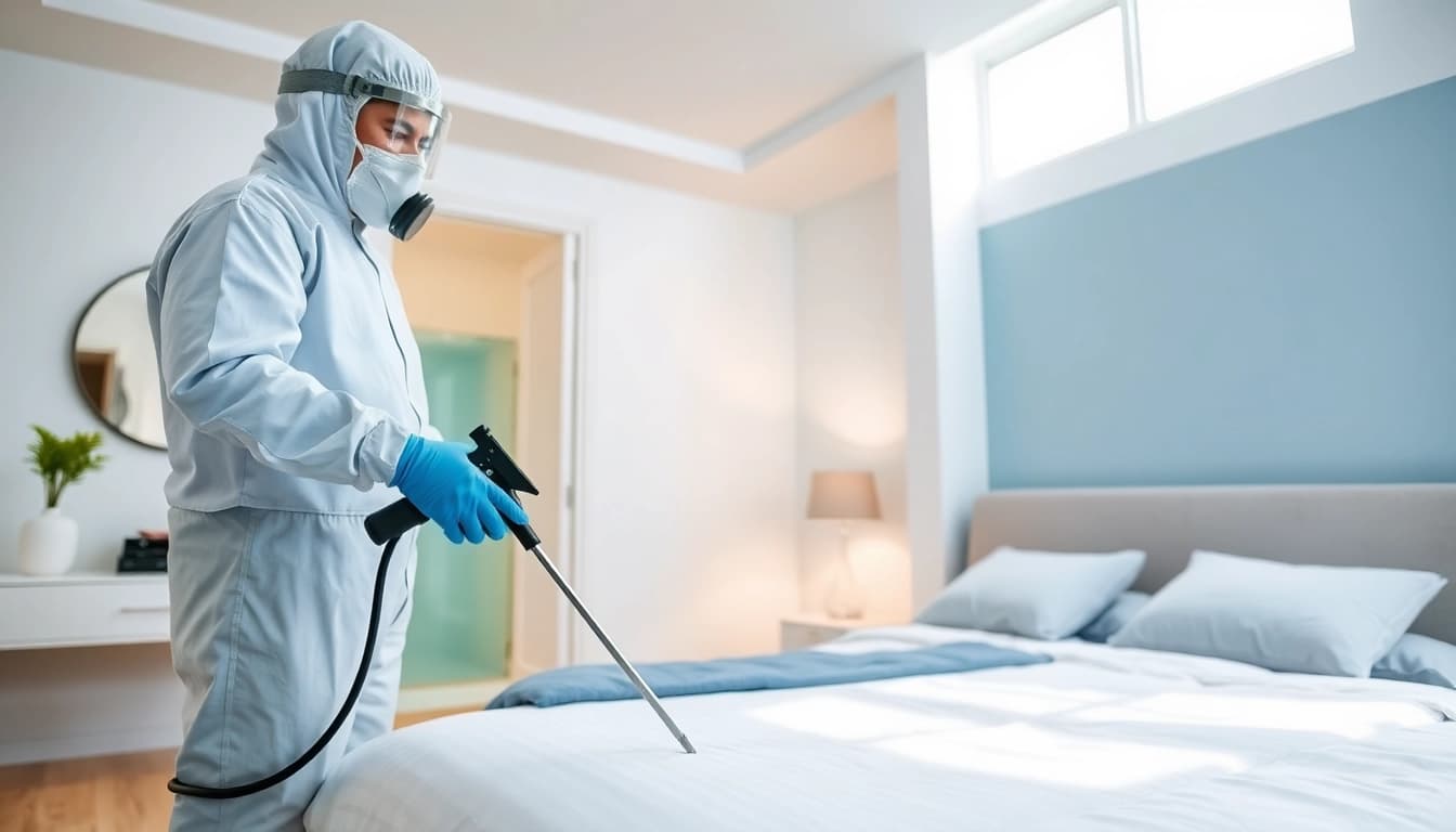 Expert applying bed bug treatment in a clean bedroom during pest control inspection.