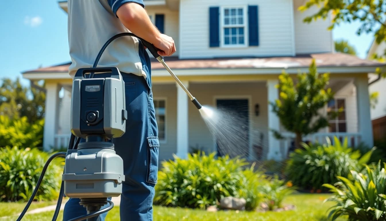 Engaging house washing scene showcasing a professional cleaning service in action.
