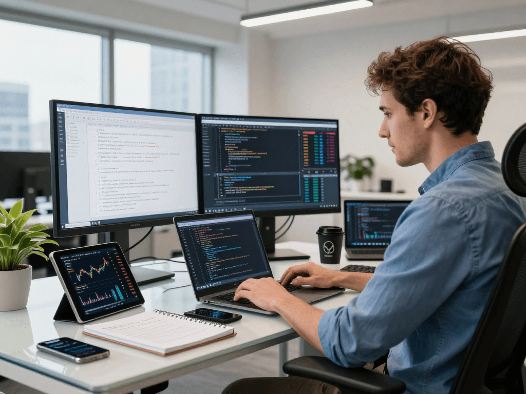 Developer using US stock WebSocket API for real-time market data in a modern office.