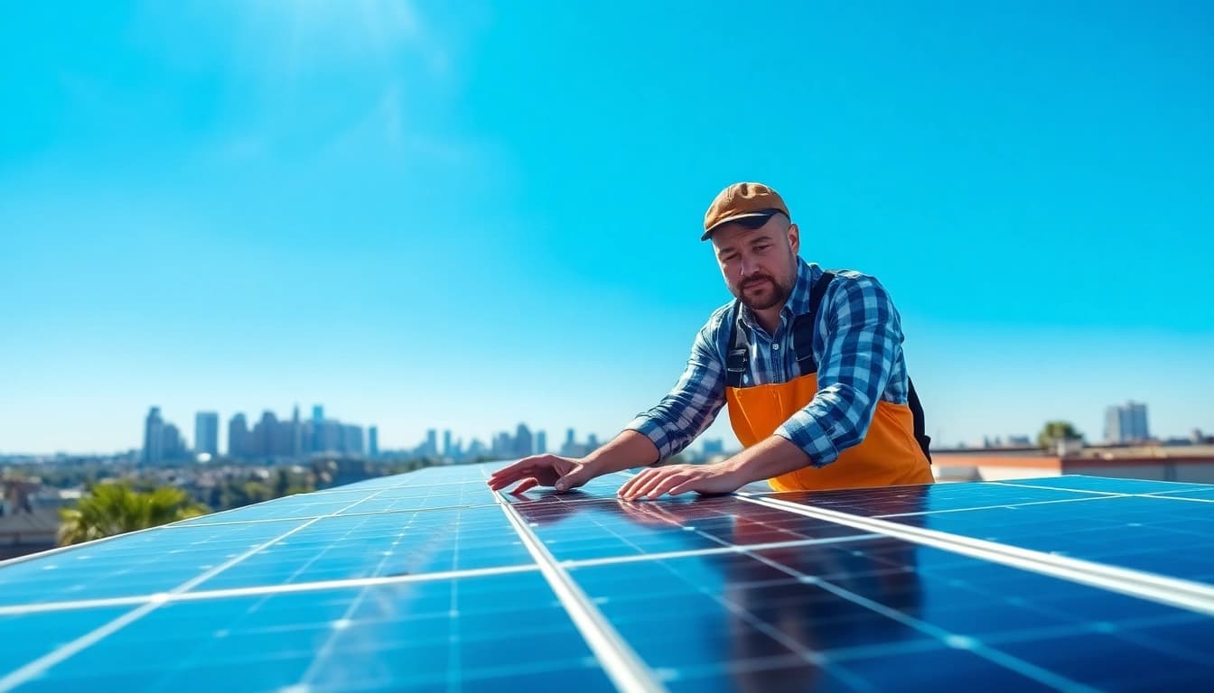 Technician performing solar maintenance Jersey City NJ on residential rooftop panels.
