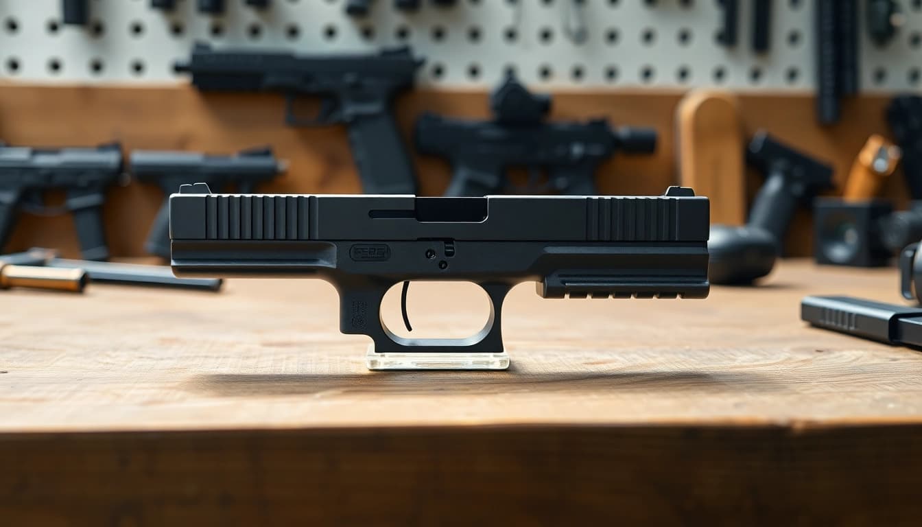 View of a glock 43x mos slide showcasing its sleek design and precision craftsmanship.