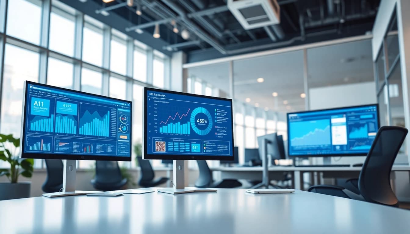 Ai agents collaborating in a modern office setting with technology displays.