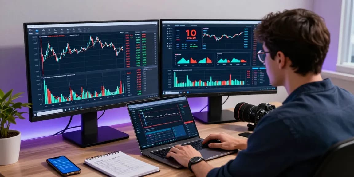 Trader using mt5 software analyzing market data with advanced tools and vibrant workspace elements.