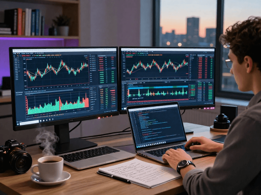 在充满活力的交易工作区，交易者使用TradingView分析股市和加密货币图表。