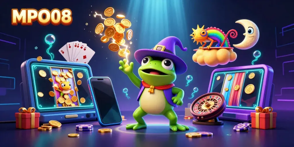Engage with MPO08 as a wizard frog conjures golden coins amid exciting casino elements.