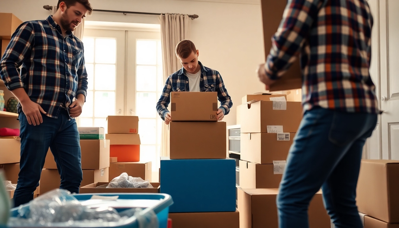 Engaging scene of professional packing services with organized packing materials and teamwork.