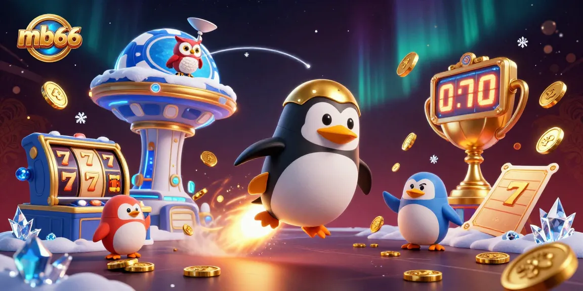 Experience thrilling gameplay with mb66 in a vibrant illustration of a rocket-powered penguin and casino elements.