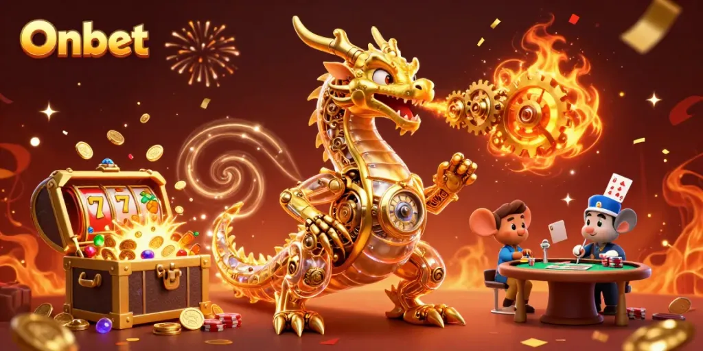 Experience thrilling gaming with Onbet's vibrant 3D casino scene featuring dynamic characters and exciting elements.