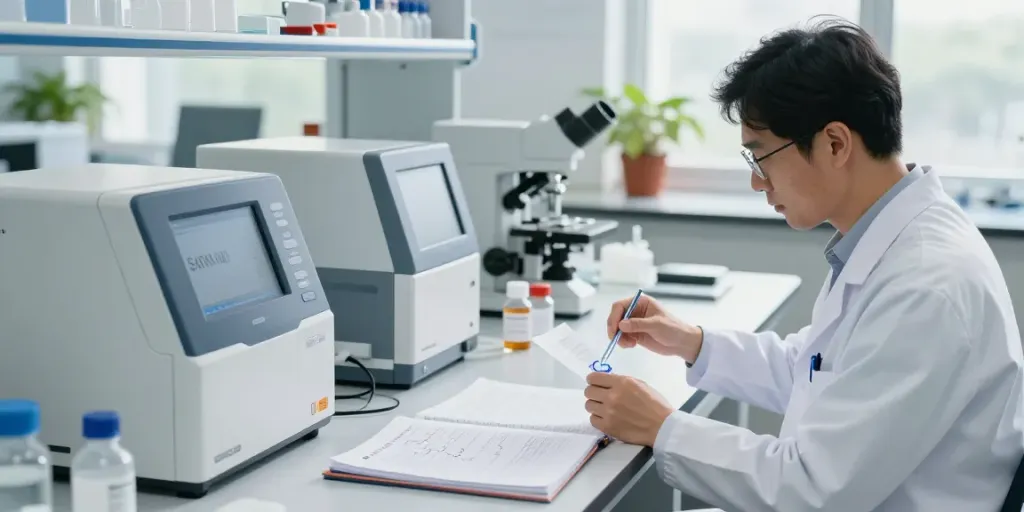 Swiss Chems researcher analyzing high-purity peptides and SARMs in a bright lab.