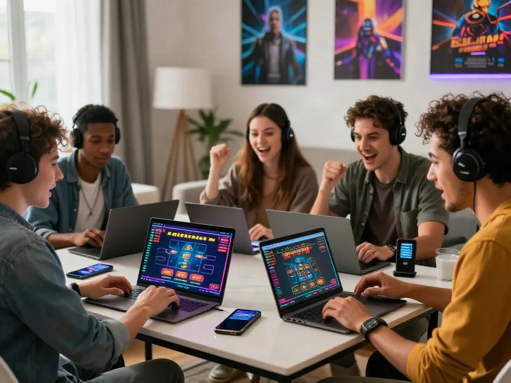 Engaging friends enjoying gambling games at https://five888vin.com/ with vibrant casino graphics.