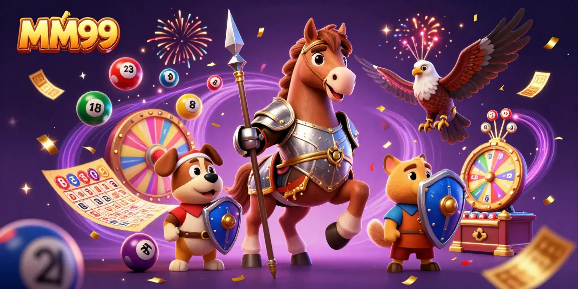 MM99's thrilling casino celebration with vibrant lottery elements and festive characters.
