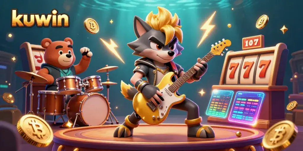 Kuwin showcases a thrilling casino scene with a rock star wolf and drummer bear playing surrounded by slot machines and crypto coins.