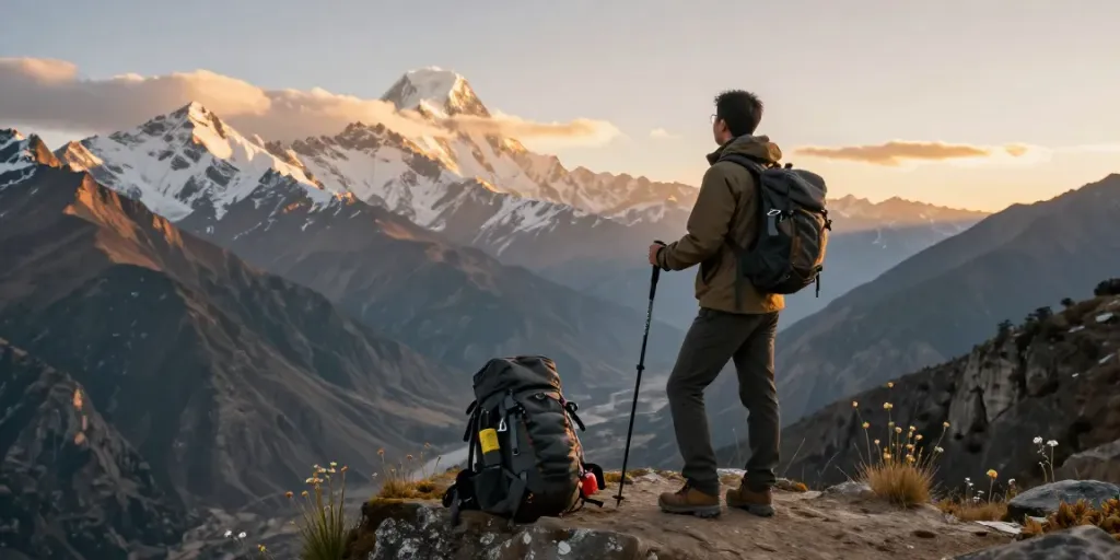 Manaslu Circuit traveler admiring stunning mountain views at sunrise