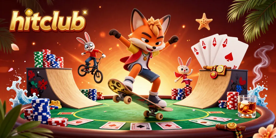 Hitclub showcases an exciting 3D fox and rabbit in a vibrant casino scene filled with poker elements.