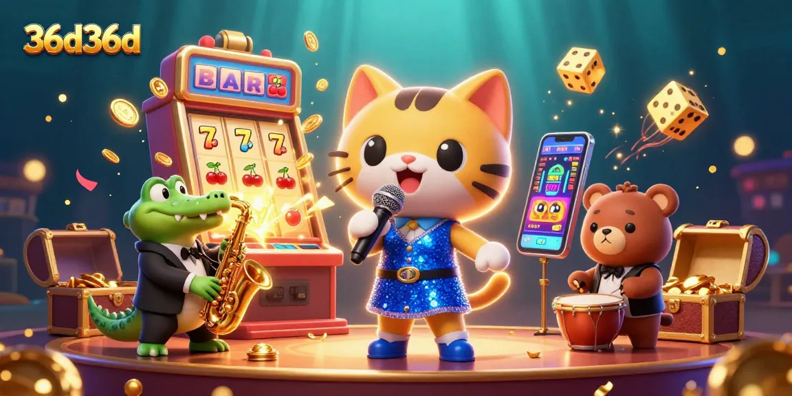 Ganhe em 36d36d com um gato cantor em palco de cassino e uma explosão de moedas ao redor.