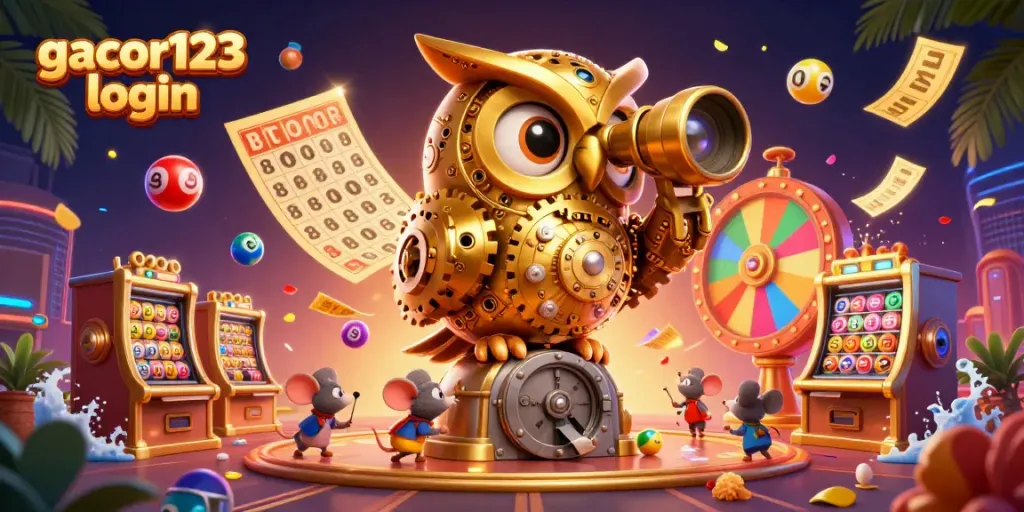 Experience exciting gameplay with gacor123 login, featuring a golden owl and vibrant casino elements.