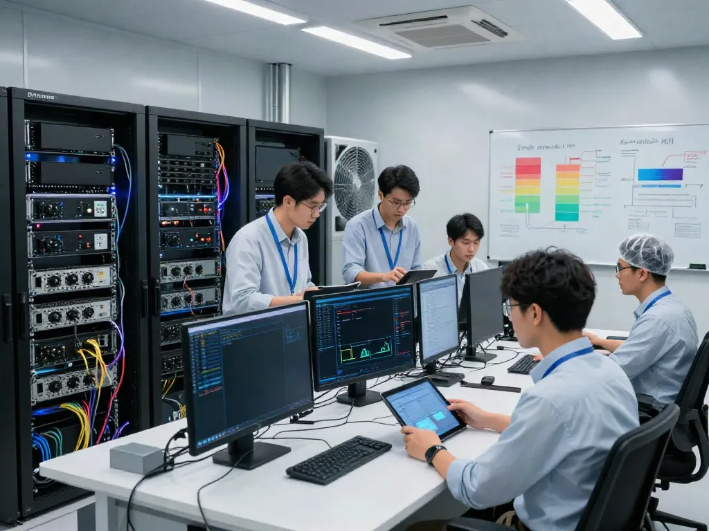 Engineers collaborating in a modern AI infrastructure setup, tracking GPU performance and power metrics.