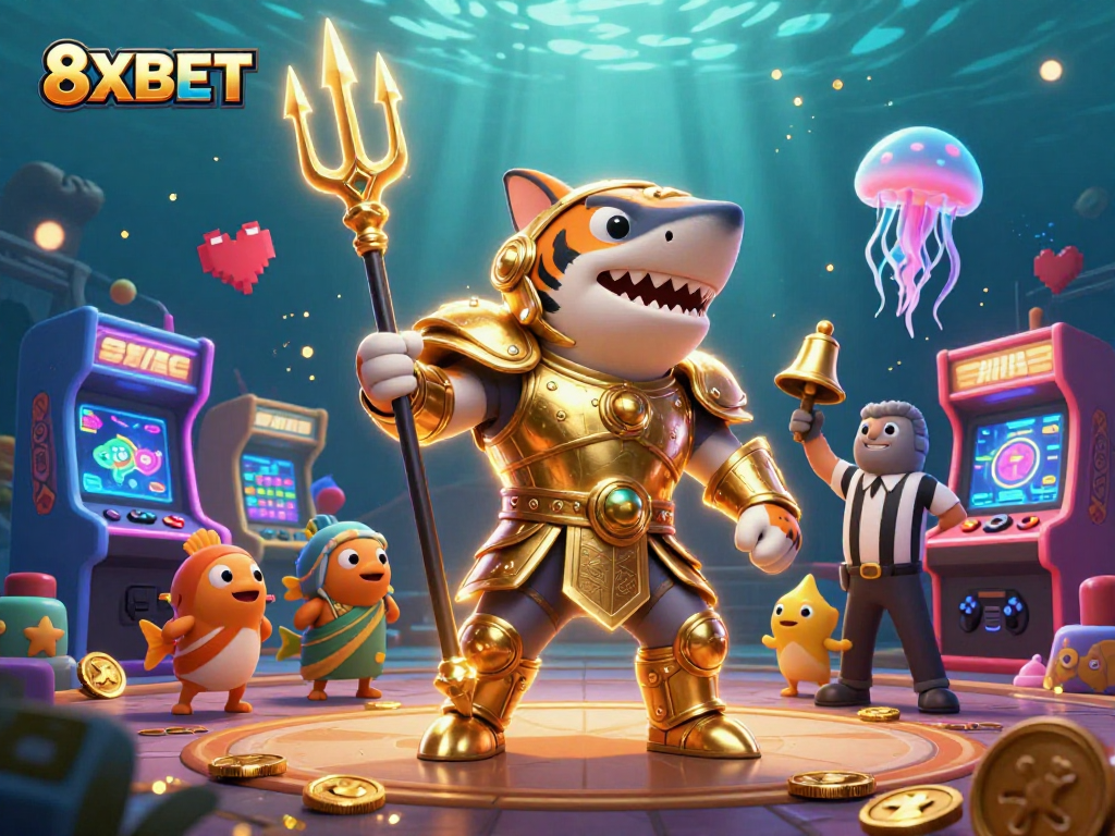 Engage in thrilling casino adventures with 8XBET, featuring a shark in gladiator armor amid vibrant gaming elements.