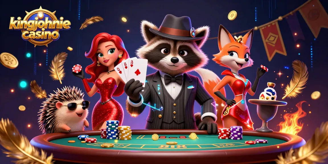 Experience the thrill at kingjohnnie casino with raccoon and friends celebrating poker success.