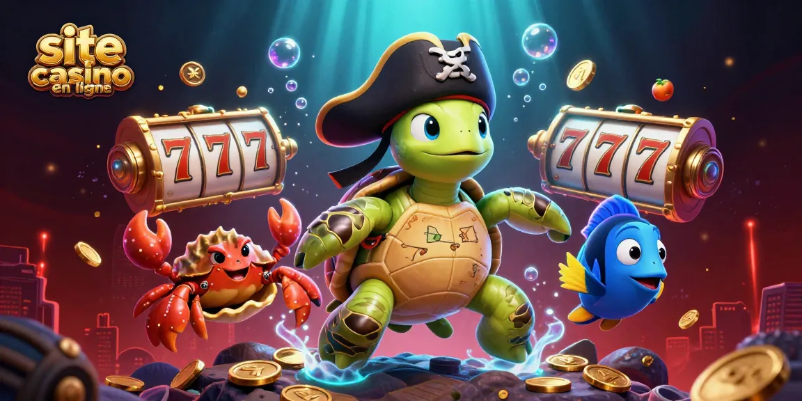 Jouez sur le site casino en ligne avec un pirate en tortue et un crabe flottant au-dessus d'un trésor.
