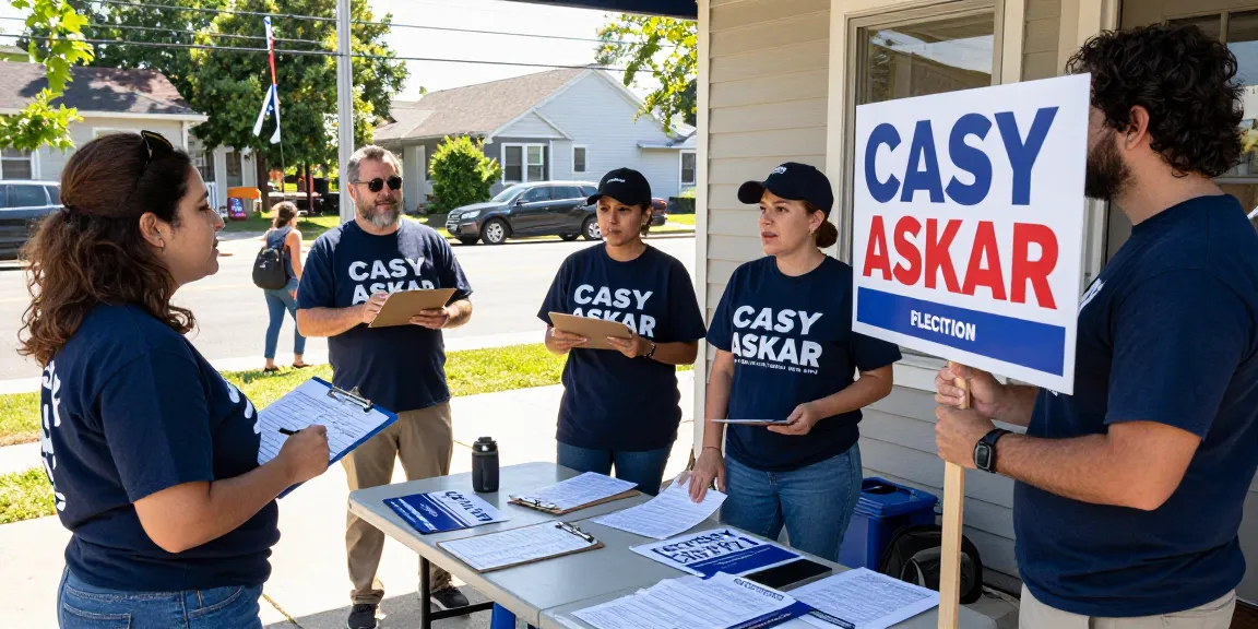 Supporters rallying for Casey Askar's political campaign outside an election office.