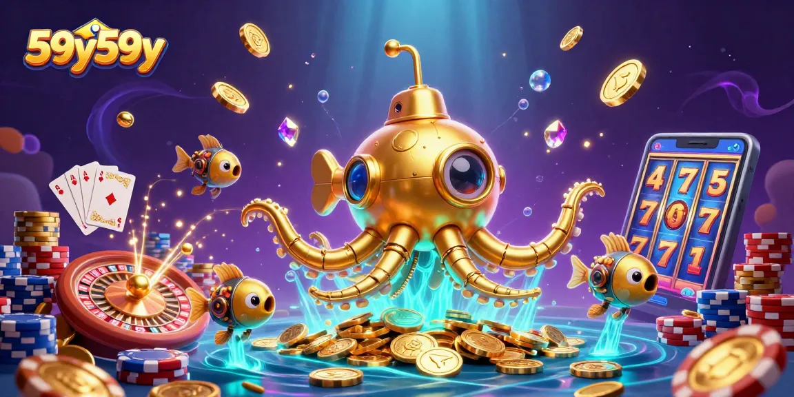 Experience thrilling action with the 59y59y golden kraken submarine amidst cascading coins and vibrant casino games.