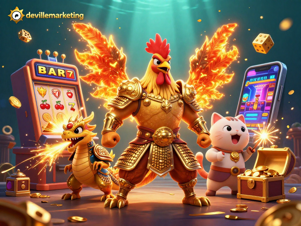 Menggali kemenangan dengan devillemarketing, ilustrasi 3D menampilkan karakter kasino beraksi.
