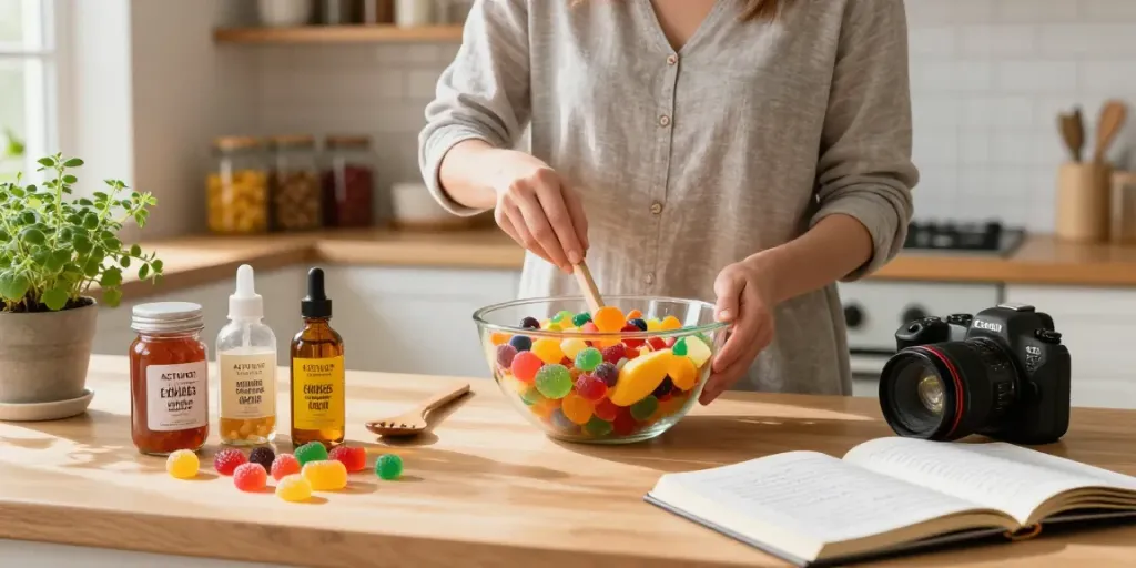 Vibrant kitchen scene with Activist Edibles ingredients being prepared into infused treats.
