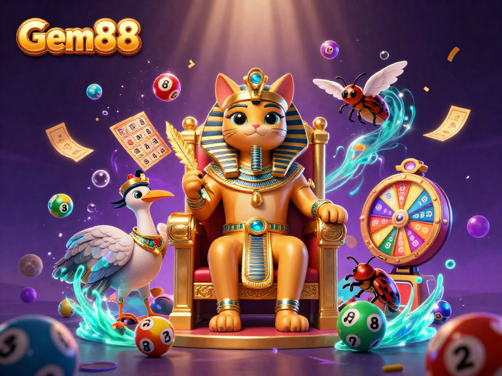 Engage with Gem88's vibrant scene featuring Egyptian-themed characters amidst lottery elements.