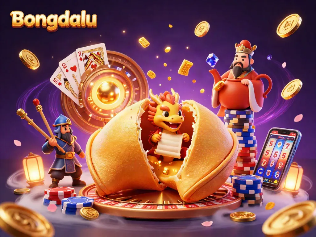 Bongdalu's cartoon realm reveals a wise dragon fortune-telling amidst cascading coins and poker elements.