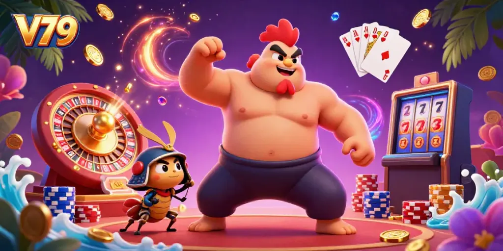Experience the excitement of V79 featuring a sumo wrestler rooster, a fierce cricket, and a tanuki announcer among casino elements.