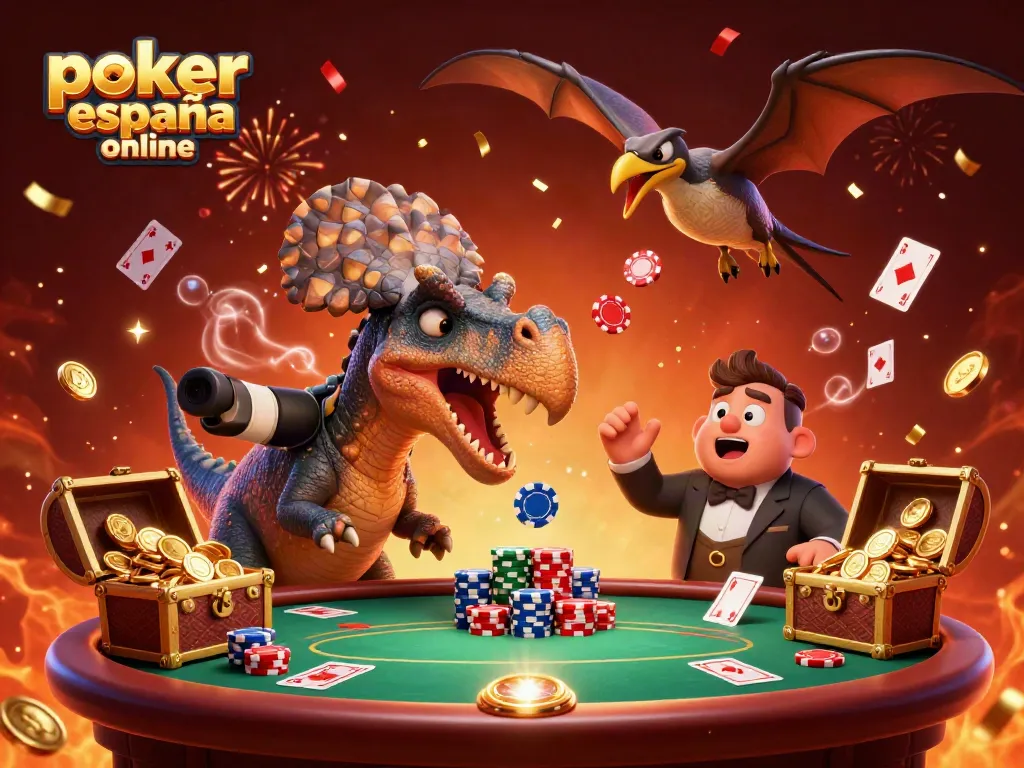 Disfruta del emocionante poker en España online donde dinosaurios juegan y ganan fichas doradas.