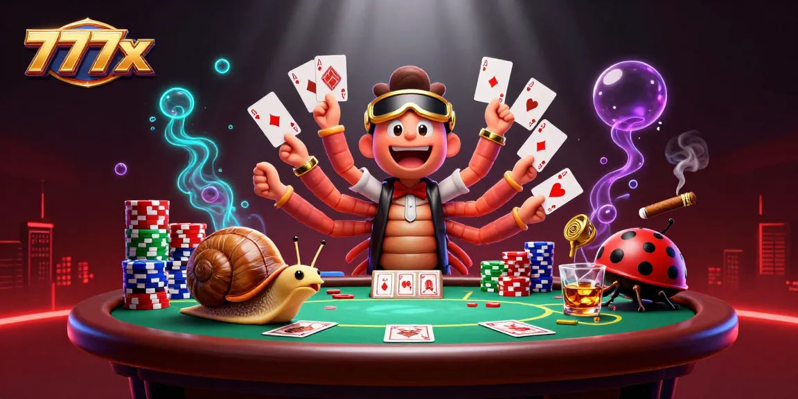 Engage with 777x at a vibrant poker scene featuring a lively millipede dealer and high-rolling snail.