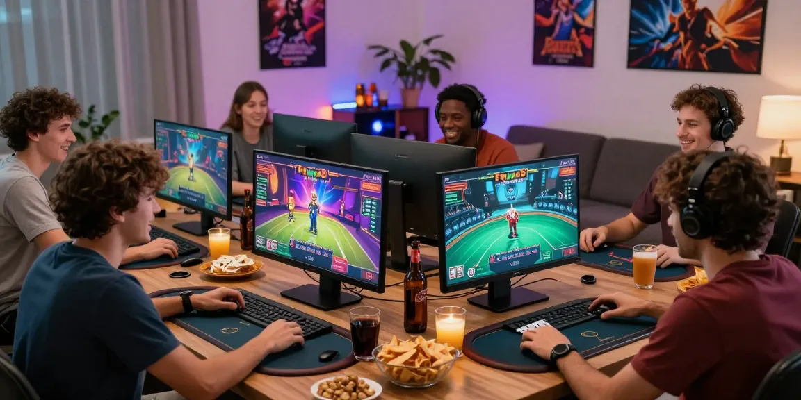 Friends enjoying Poker88 online gaming experience with vibrant graphics and snacks