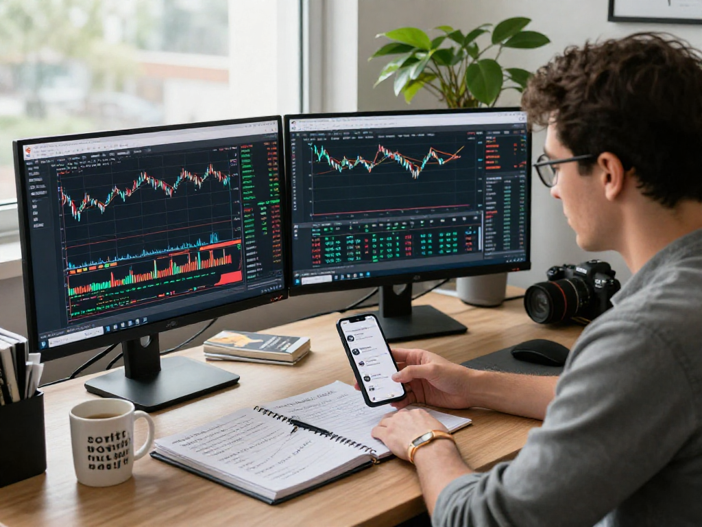 Trader using TradingView platform for live stock analysis in a modern workspace.