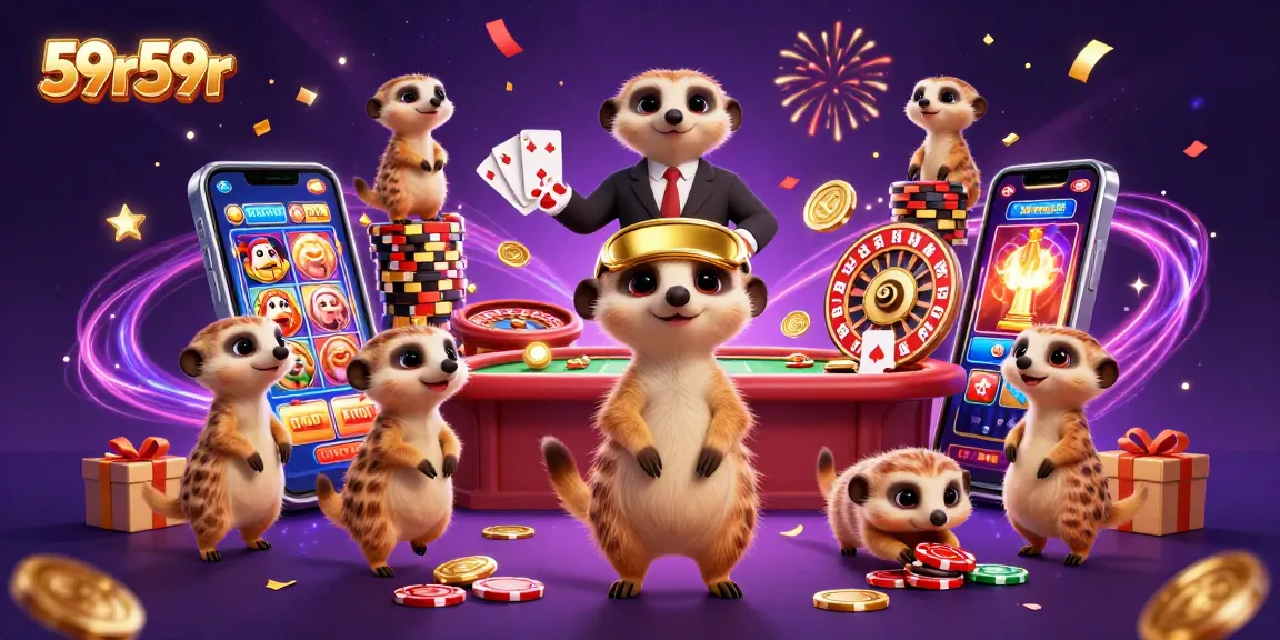 Os suricatos da 59r59r gerenciando um cassino, com jogos e prêmios em destaque.