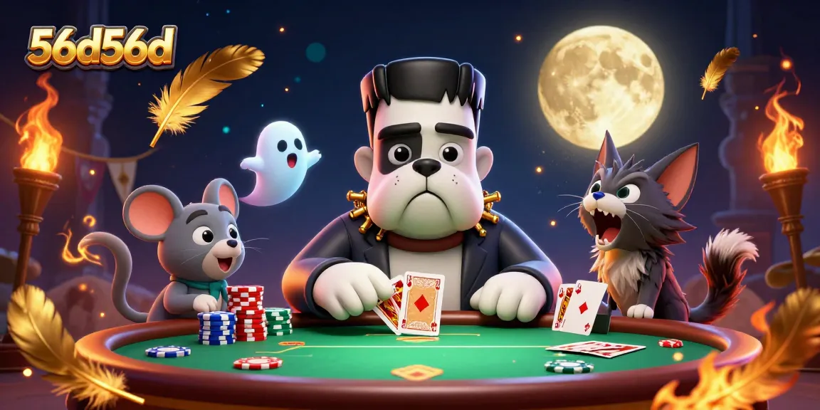 Join the poker battle at 56d56d with a spooky Frankenstein bulldog dealer and ghostly charm.