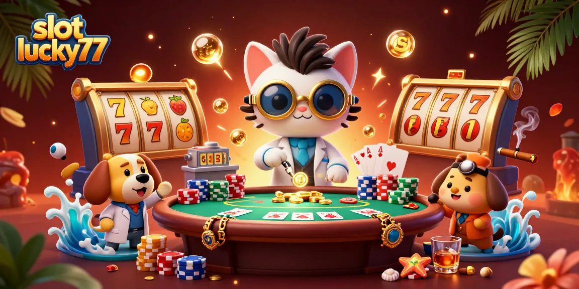 Win big with slot lucky77 in a vibrant 3D casino scene filled with characters and dynamic elements.