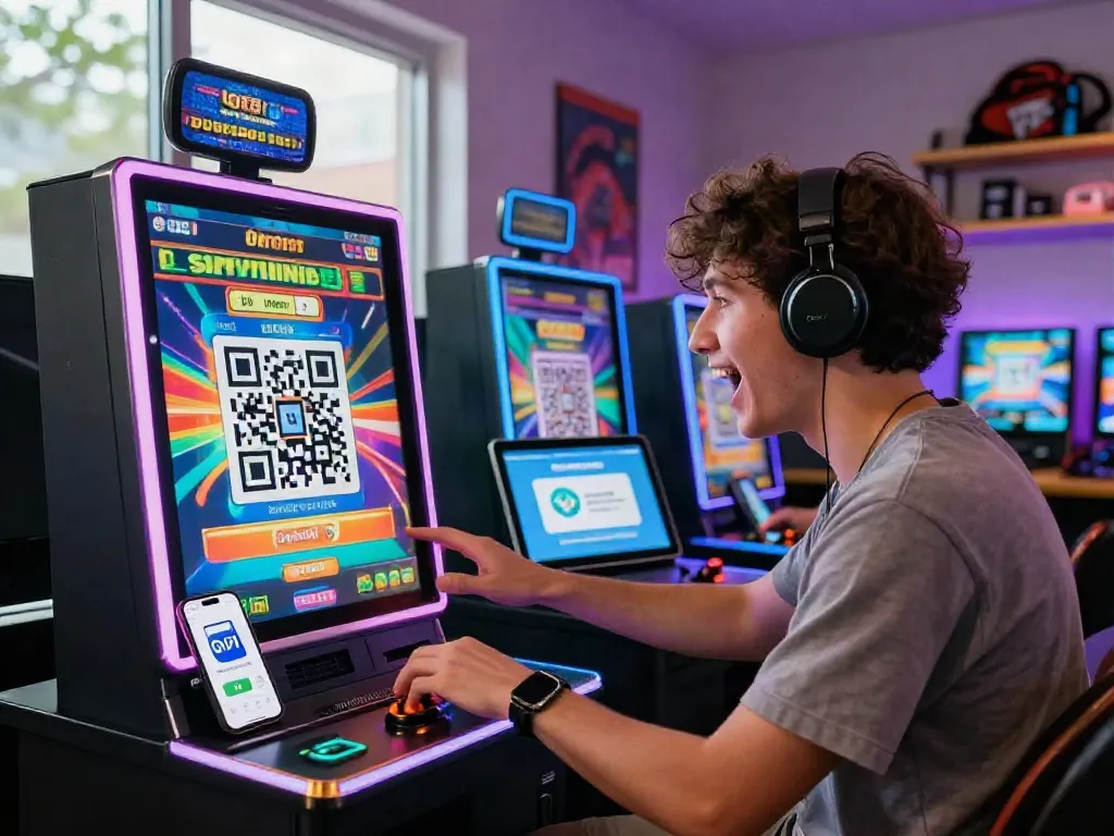 Player enjoying slot deposit QRIS transactions in a vibrant gaming environment with e-wallet apps visible.