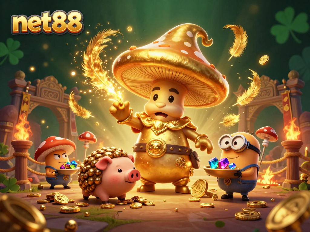 Experience the thrill of net88 with a vibrant 3D casino scene featuring a golden mushroom wizard.