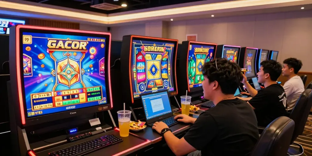 Players engaged in an exciting slot online gacor game experience with vibrant graphics and a lively atmosphere