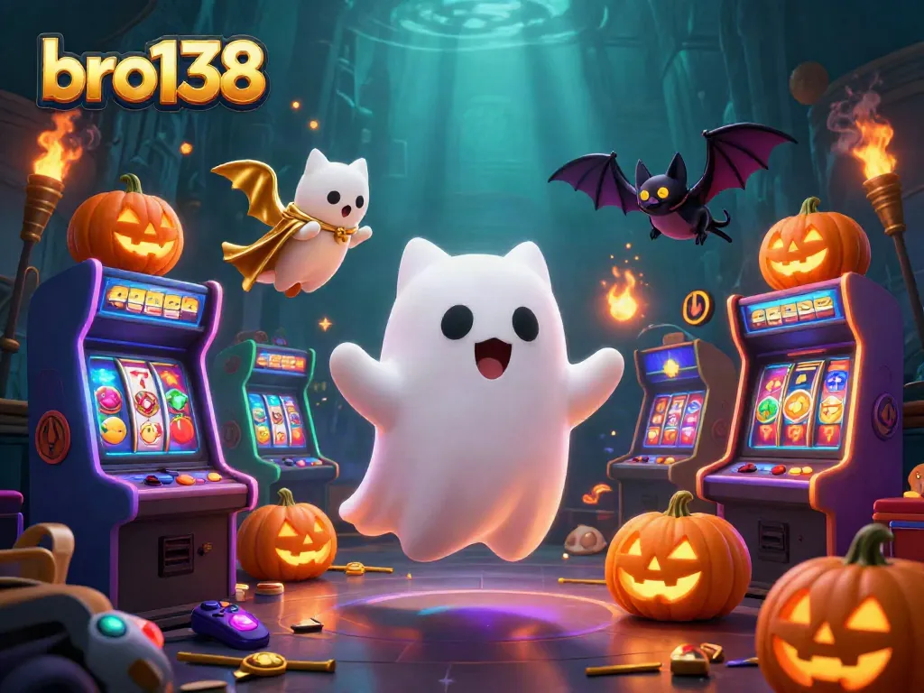 Unleash thrilling gameplay at bro138 with a ghost cat and vampire bat in a vibrant casino scene.