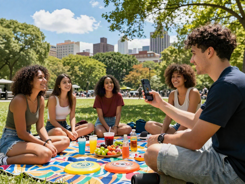 Group enjoying a day out while engaging in a test of attractiveness on a smartphone in a sunny park.