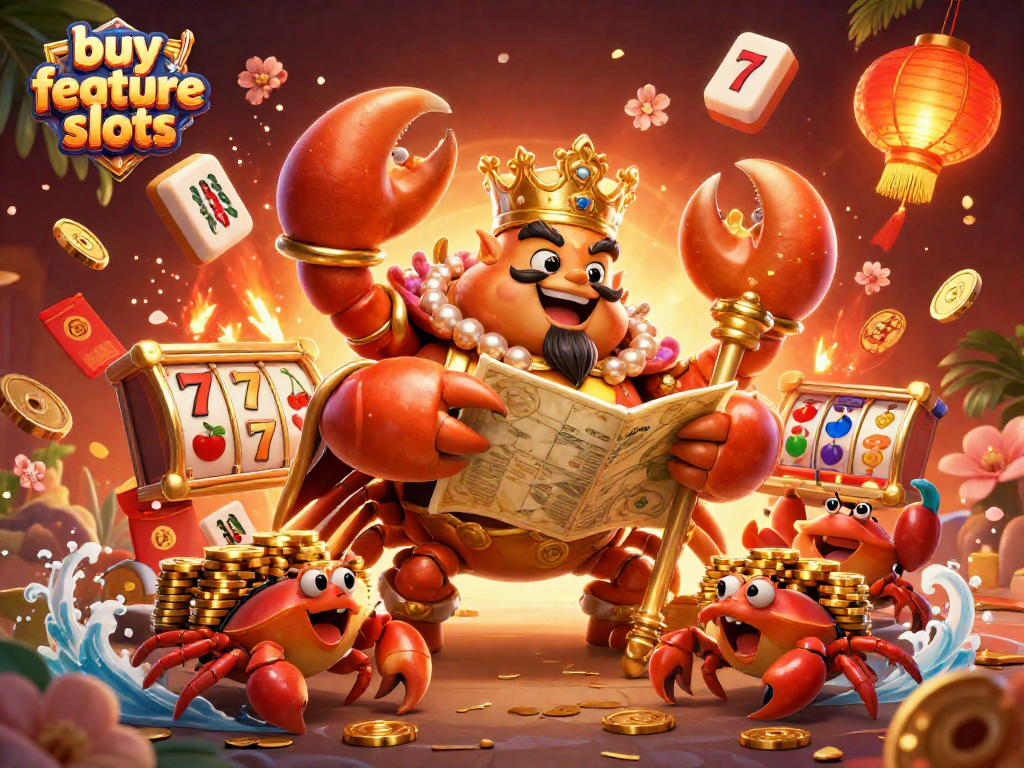 Experience exciting buy feature slots with a golden crab emperor in a vibrant casino illustration.