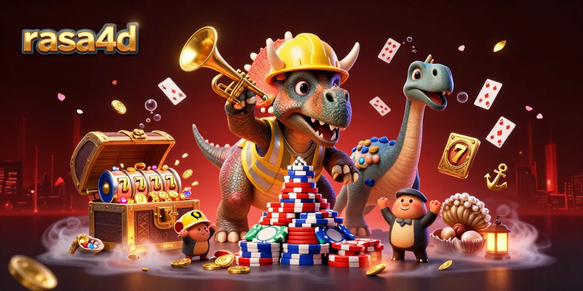 Rasakan keseruan bermain di rasa4d dengan slot dan chip poker dalam ilustrasi kasino yang meriah.